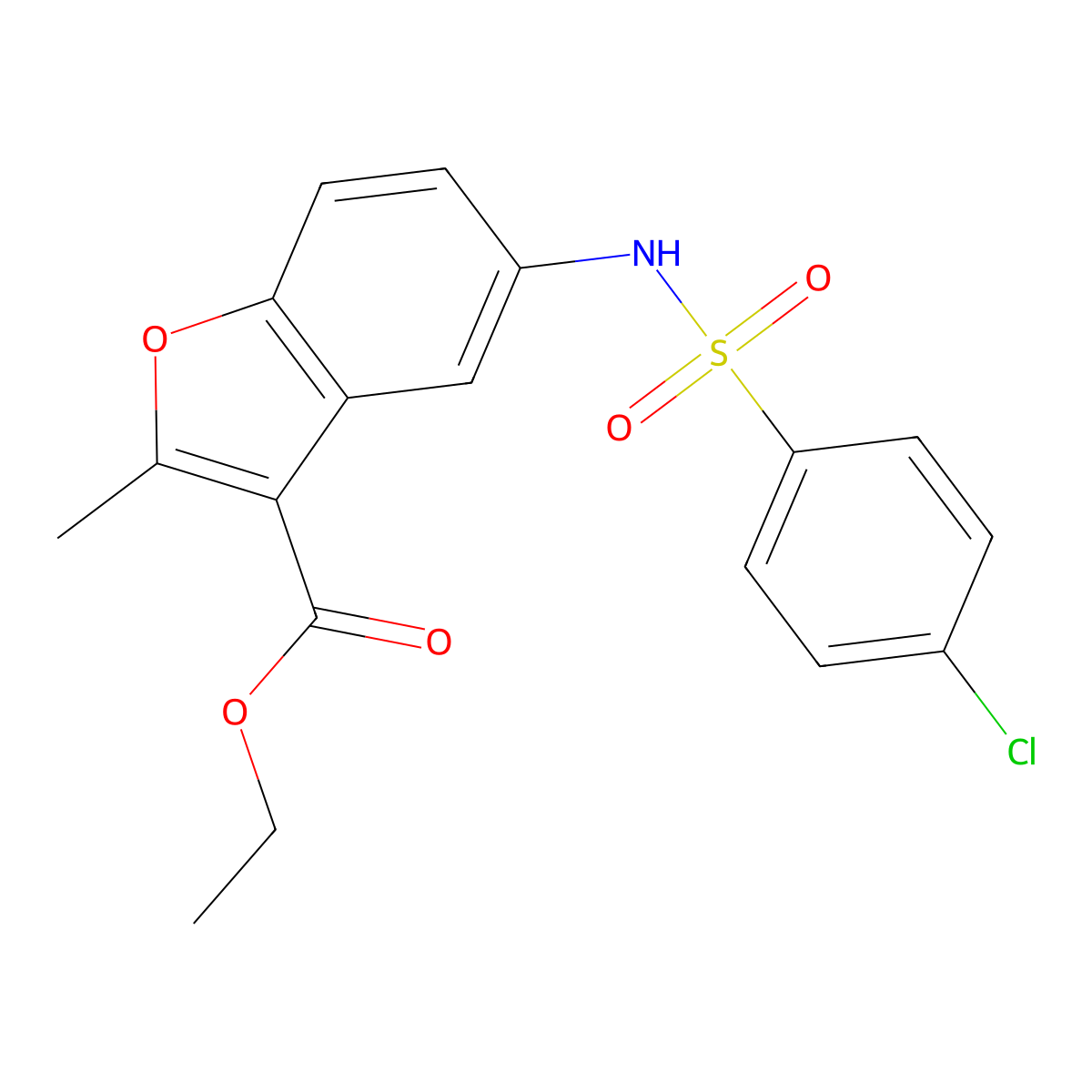 Ethyl 5-{[(4-chlorophenyl)sulfonyl]amino}-2-methyl-1-benzofuran-3-carboxylate molecular structure, CAS 331652-78-9