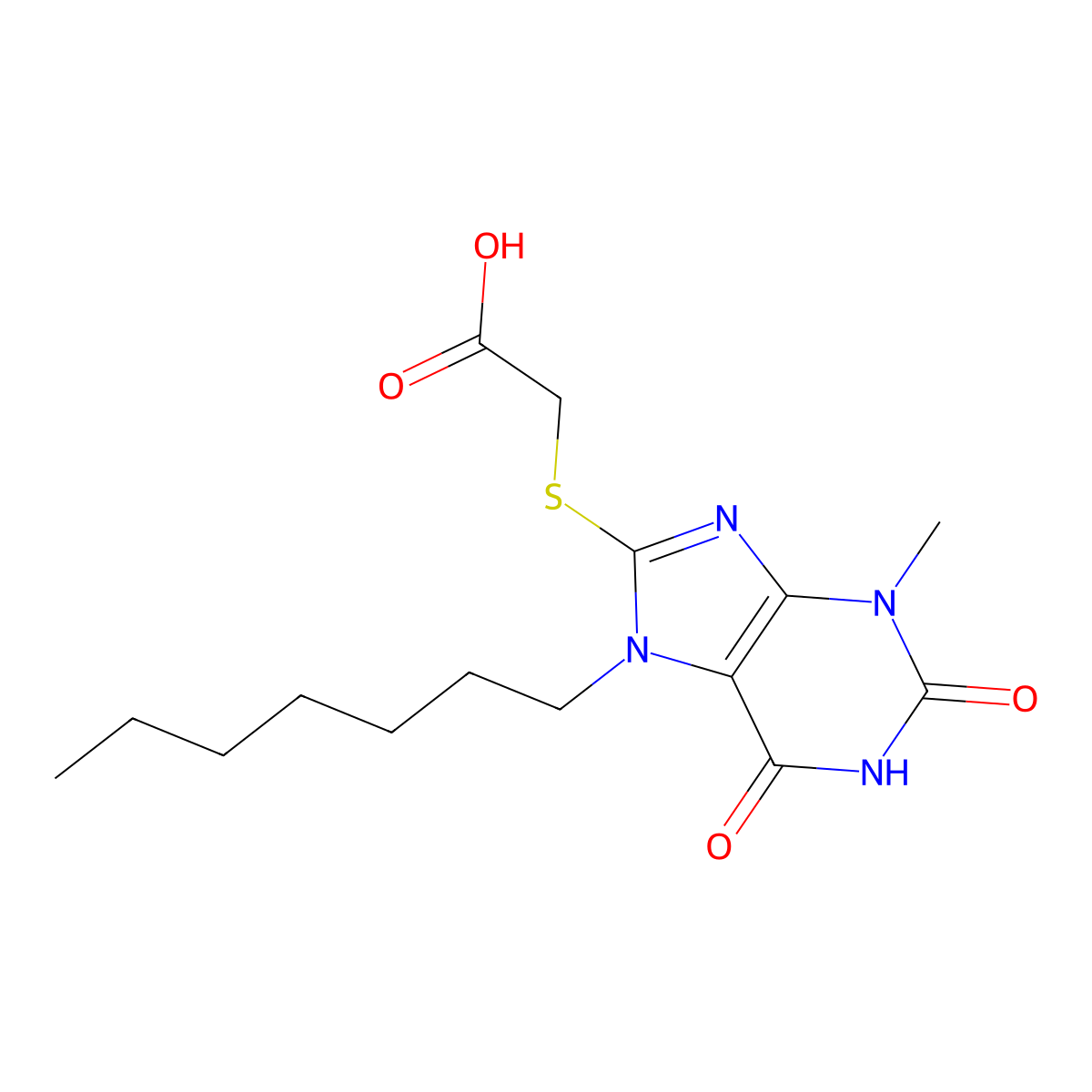 2-((7-heptyl-3-methyl-2,6-dioxo-2,3,6,7-tetrahydro-1H-purin-8-yl)thio)acetic acid molecular structure, CAS 331666-69-4