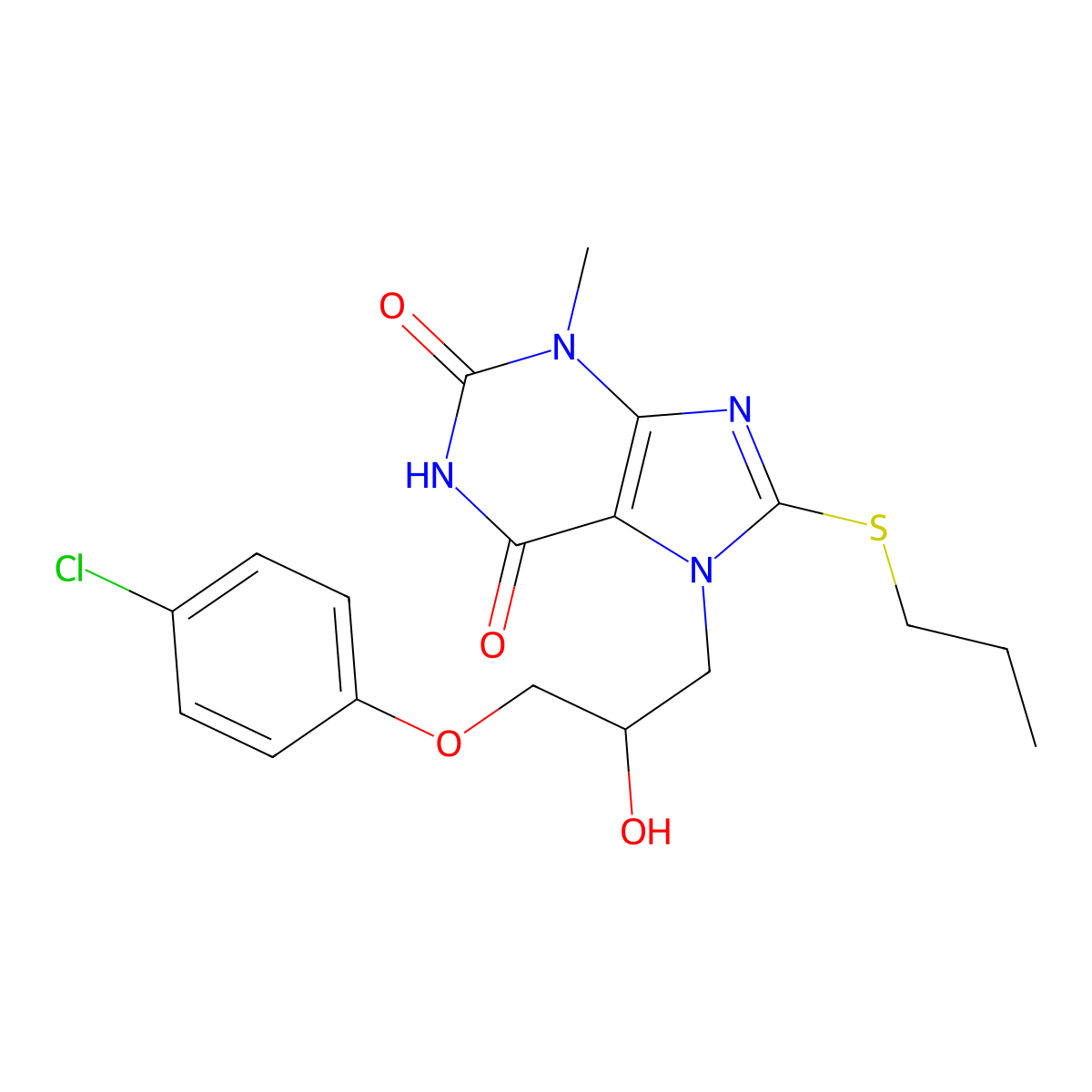 7-(3-(4-chlorophenoxy)-2-hydroxypropyl)-3-methyl-8-(propylthio)-1H-purine-2,6(3H,7H)-dione molecular structure, CAS 331675-34-4