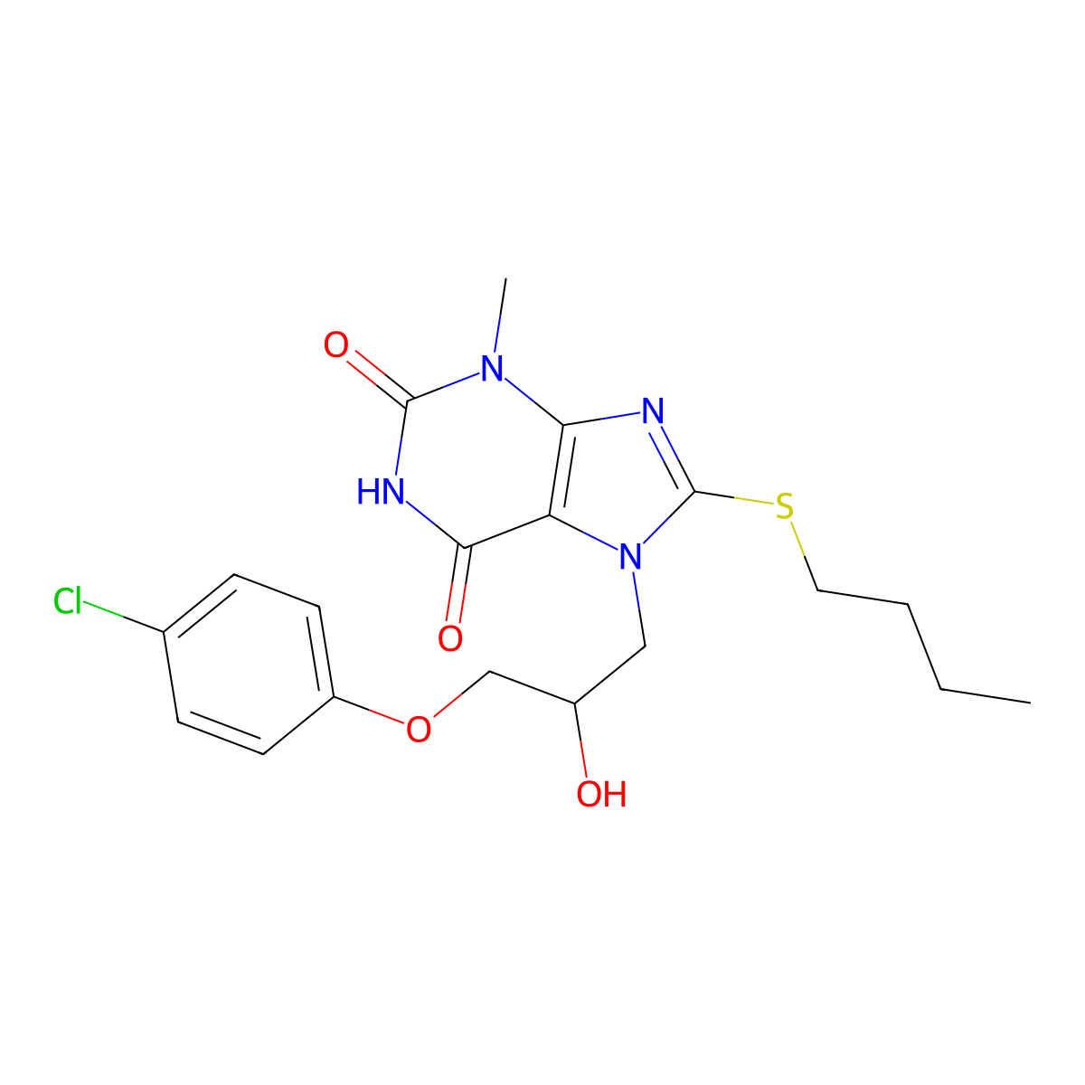 8-(butylsulfanyl)-7-[3-(4-chlorophenoxy)-2-hydroxypropyl]-3-methyl-3,7-dihydro-1H-purine-2,6-dione molecular structure, CAS 331675-36-6