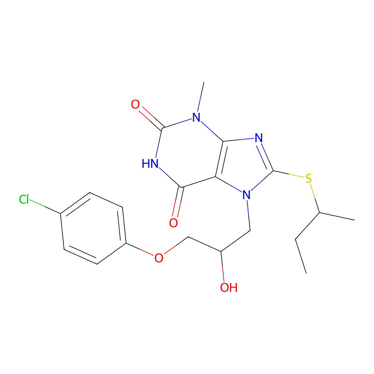 8-(sec-butylthio)-7-(3-(4-chlorophenoxy)-2-hydroxypropyl)-3-methyl-1H-purine-2,6(3H,7H)-dione molecular structure, CAS 331675-37-7