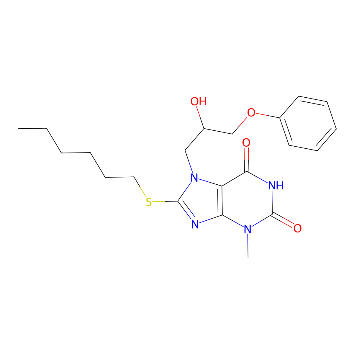 8-(hexylsulfanyl)-7-(2-hydroxy-3-phenoxypropyl)-3-methyl-3,7-dihydro-1H-purine-2,6-dione molecular structure, CAS 331675-52-6
