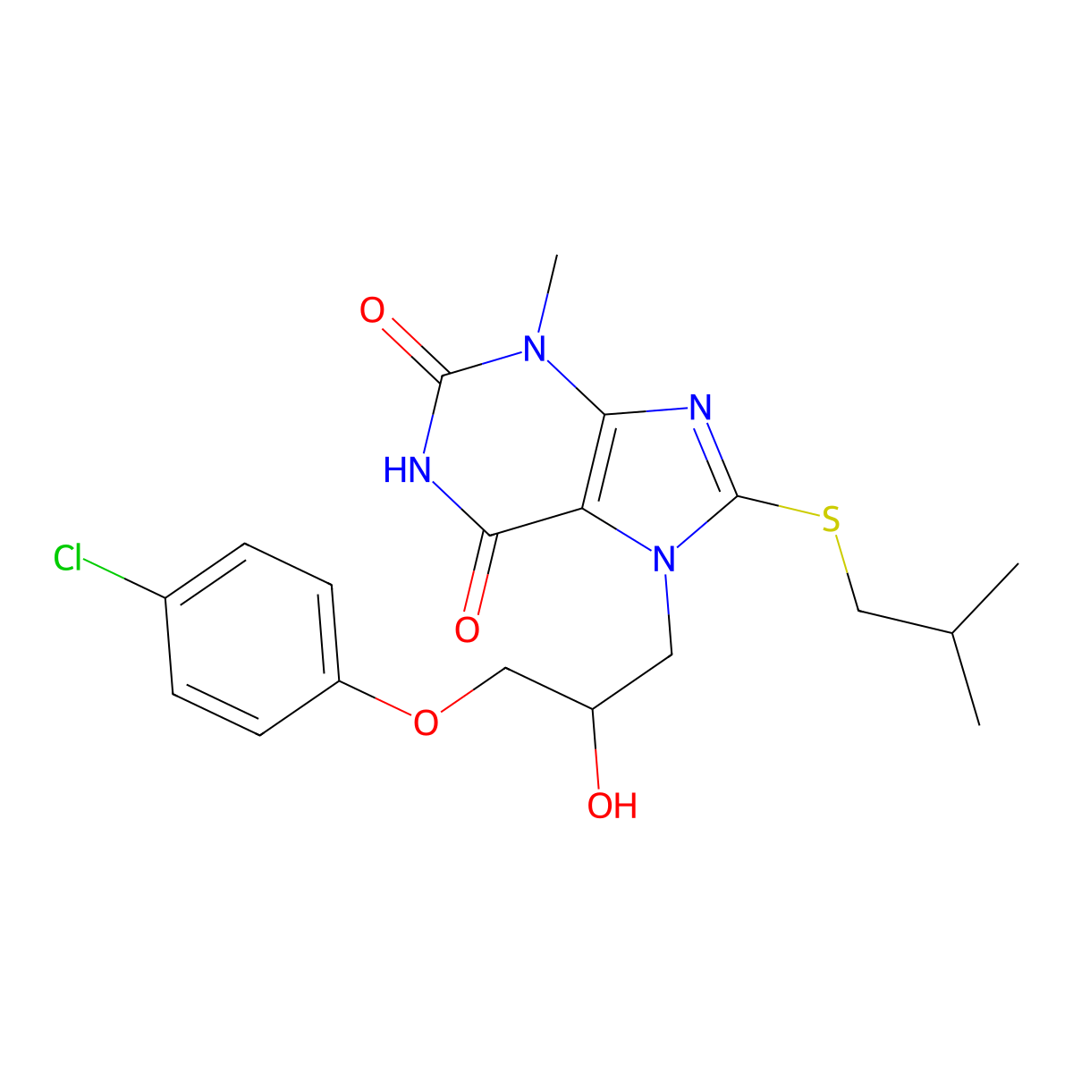 7-(3-(4-chlorophenoxy)-2-hydroxypropyl)-8-(isobutylthio)-3-methyl-1H-purine-2,6(3H,7H)-dione molecular structure, CAS 331675-55-9