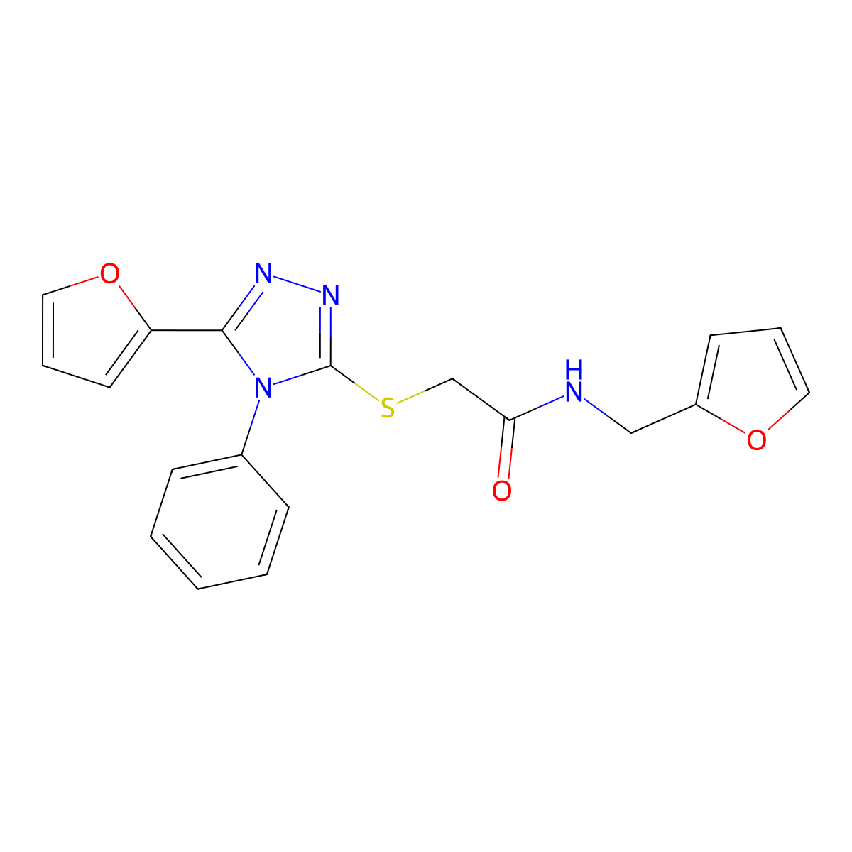 N-(furan-2-ylmethyl)-2-[[5-(furan-2-yl)-4-phenyl-1,2,4-triazol-3-yl]sulfanyl]acetamide molecular structure, CAS 331710-49-7