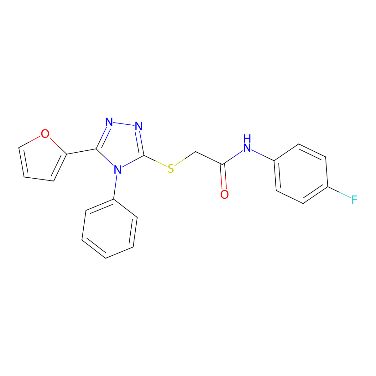 N-(4-Fluorophenyl)-2-((5-(furan-2-yl)-4-phenyl-4H-1,2,4-triazol-3-yl)thio)acetamide molecular structure, CAS 331710-55-5