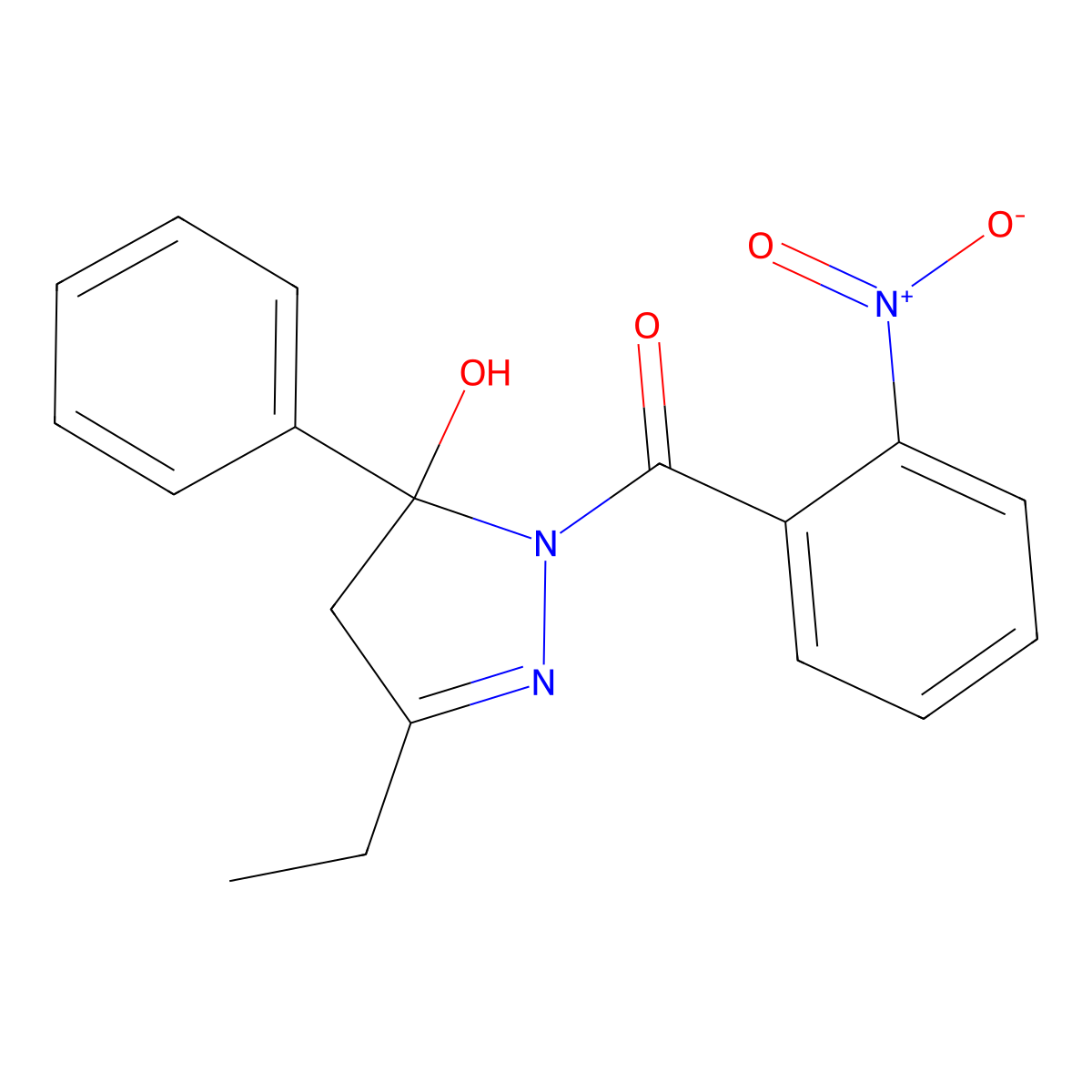 3-ethyl-1-{2-nitrobenzoyl}-5-phenyl-4,5-dihydro-1H-pyrazol-5-ol molecular structure, CAS 331710-75-9