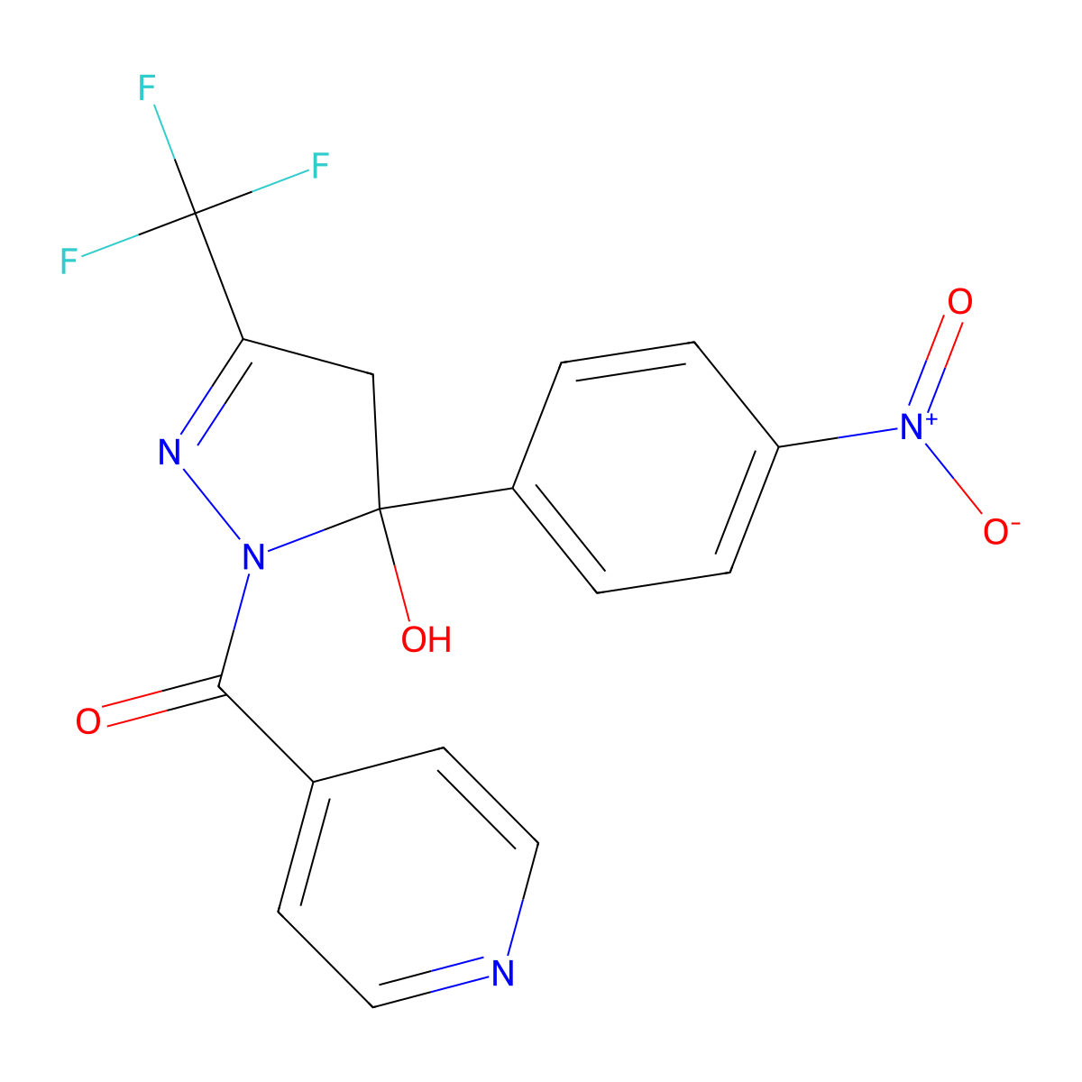 5-{4-nitrophenyl}-1-isonicotinoyl-3-(trifluoromethyl)-4,5-dihydro-1H-pyrazol-5-ol molecular structure, CAS 331710-82-8