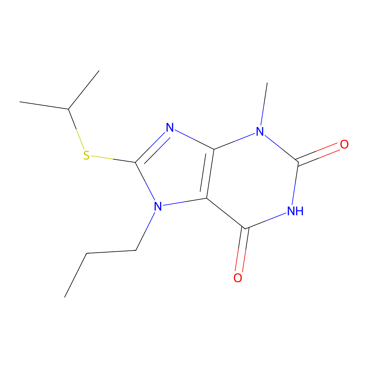 3-Methyl-8-propan-2-ylsulfanyl-7-propylpurine-2,6-dione molecular structure, CAS 331726-31-9