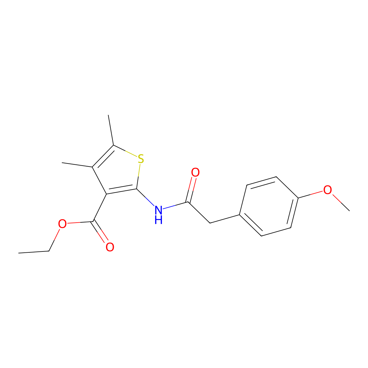 Ethyl 2-(2-(4-methoxyphenyl)acetamido)-4,5-dimethylthiophene-3-carboxylate molecular structure, CAS 331749-49-6