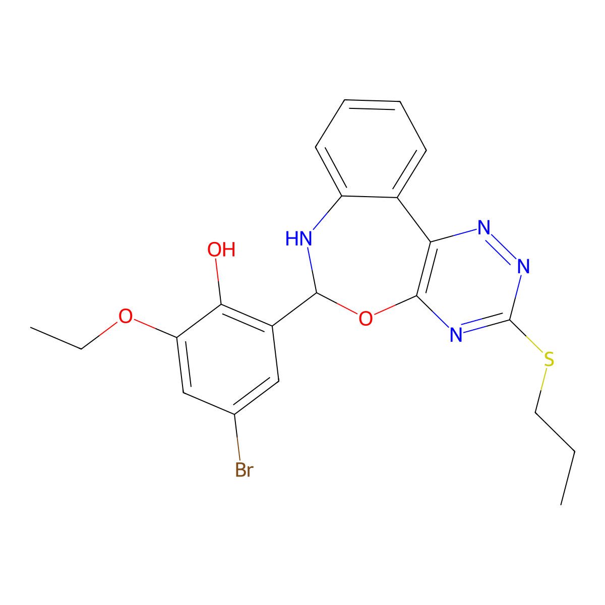 4-Bromo-2-ethoxy-6-(3-propylsulfanyl-6,7-dihydro-[1,2,4]triazino[5,6-d][3,1]benzoxazepin-6-yl)phenol molecular structure, CAS 331749-74-7