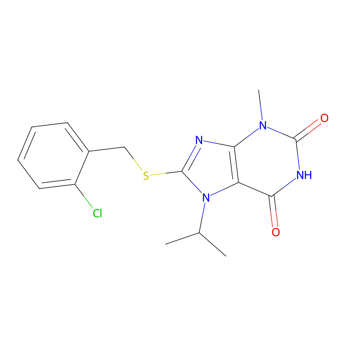 8-(2-Chloro-benzylsulfanyl)-7-isopropyl-3-methyl-3,7-dihydro-purine-2,6-dione molecular structure, CAS 331751-80-5