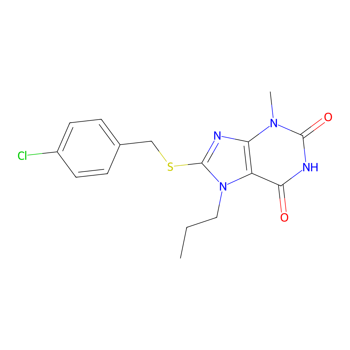 8-(4-Chloro-benzylsulfanyl)-3-methyl-7-propyl-3,7-dihydro-purine-2,6-dione molecular structure, CAS 331751-81-6