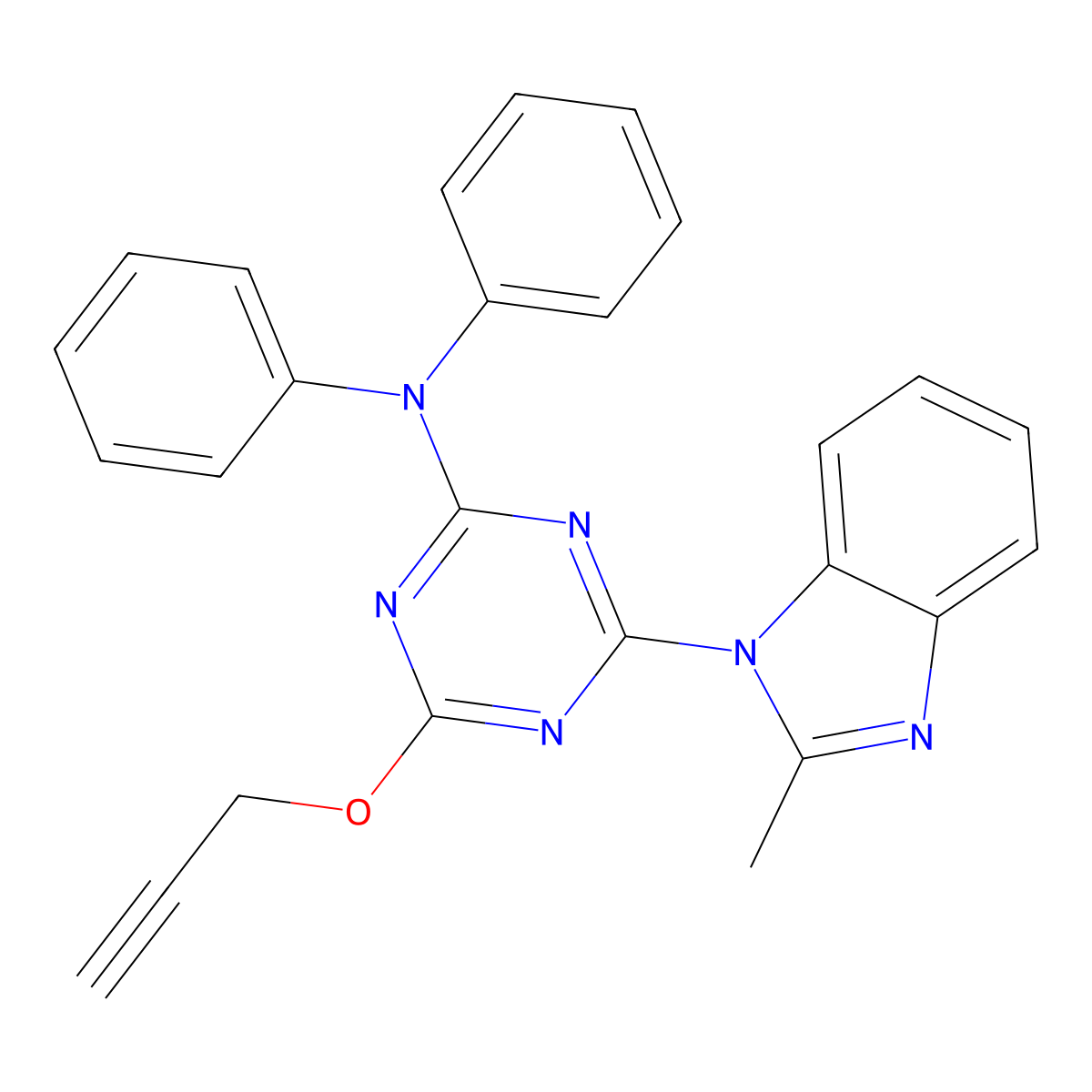 4-(2-methylbenzimidazol-1-yl)-N,N-diphenyl-6-prop-2-ynoxy-1,3,5-triazin-2-amine molecular structure, CAS 331753-89-0