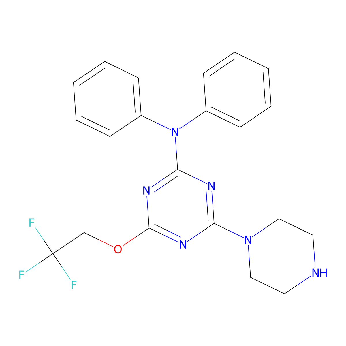 N,N-diphenyl-4-piperazin-1-yl-6-(2,2,2-trifluoroethoxy)-1,3,5-triazin-2-amine molecular structure, CAS 331753-99-2