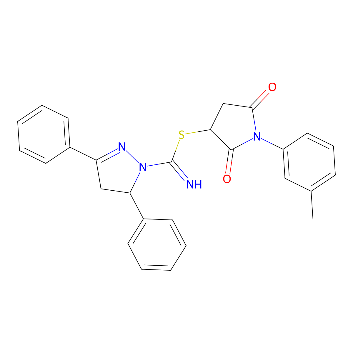 1-(3-methylphenyl)-2,5-dioxopyrrolidin-3-yl 3,5-diphenyl-4,5-dihydro-1H-pyrazole-1-carbimidothioate molecular structure, CAS 331760-05-5