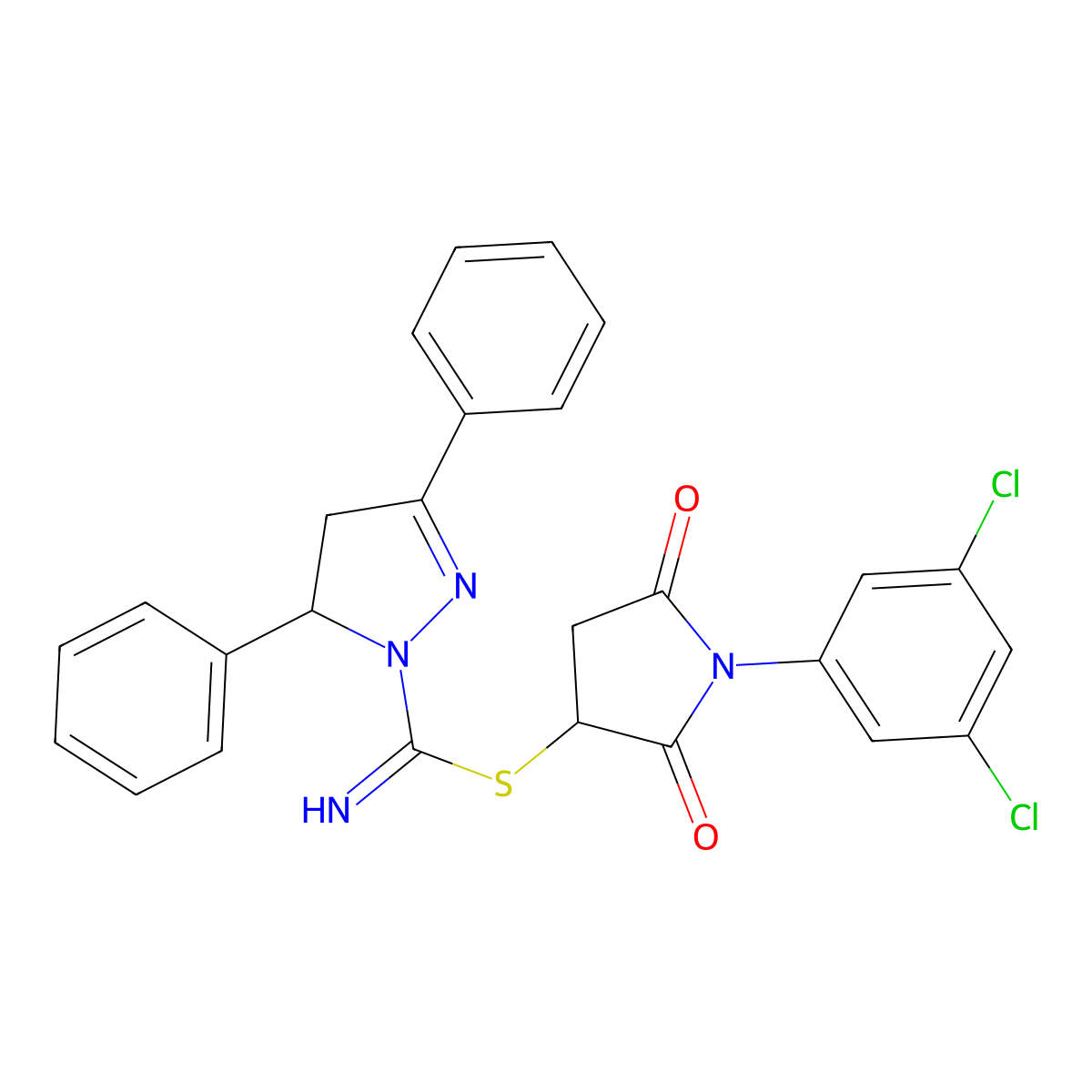 1-(3,5-dichlorophenyl)-2,5-dioxopyrrolidin-3-yl 3,5-diphenyl-4,5-dihydro-1H-pyrazole-1-carbimidothioate molecular structure, CAS 331760-07-7