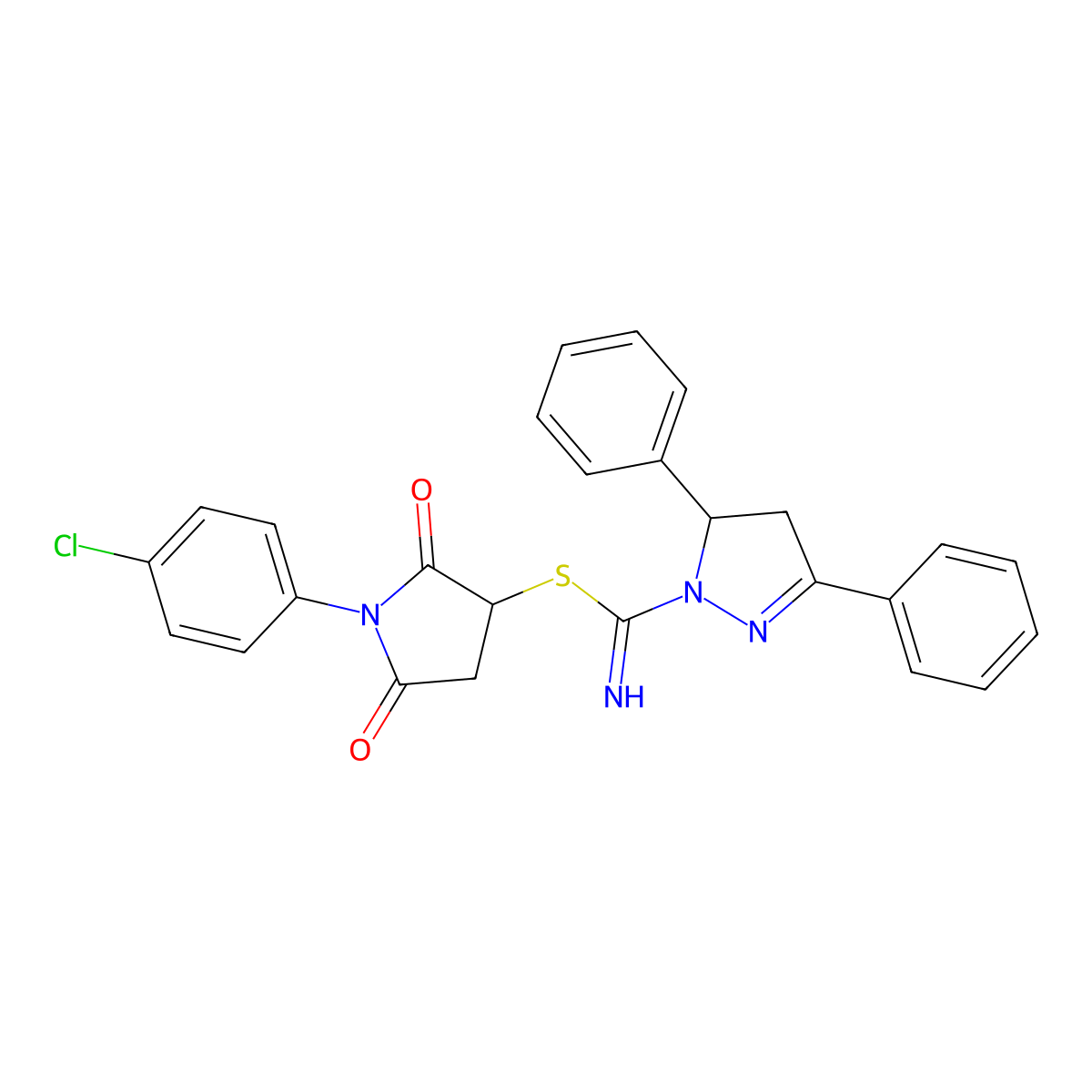 1-(4-chlorophenyl)-2,5-dioxopyrrolidin-3-yl 3,5-diphenyl-4,5-dihydro-1H-pyrazole-1-carbimidothioate molecular structure, CAS 331760-17-9