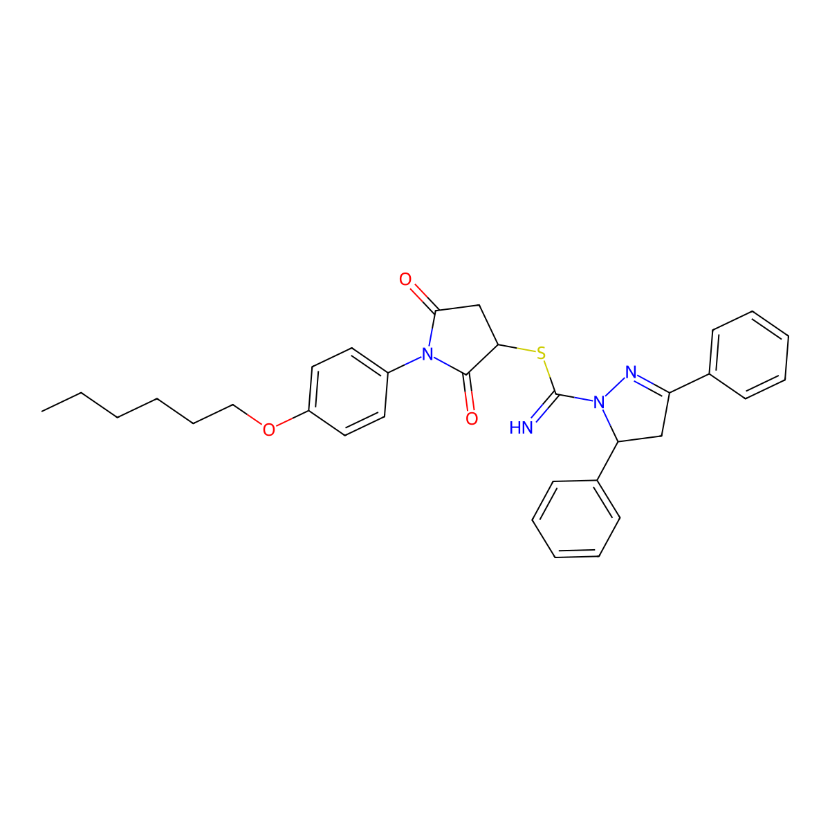 1-(4-(hexyloxy)phenyl)-2,5-dioxopyrrolidin-3-yl 3,5-diphenyl-4,5-dihydro-1H-pyrazole-1-carbimidothioate molecular structure, CAS 331760-20-4