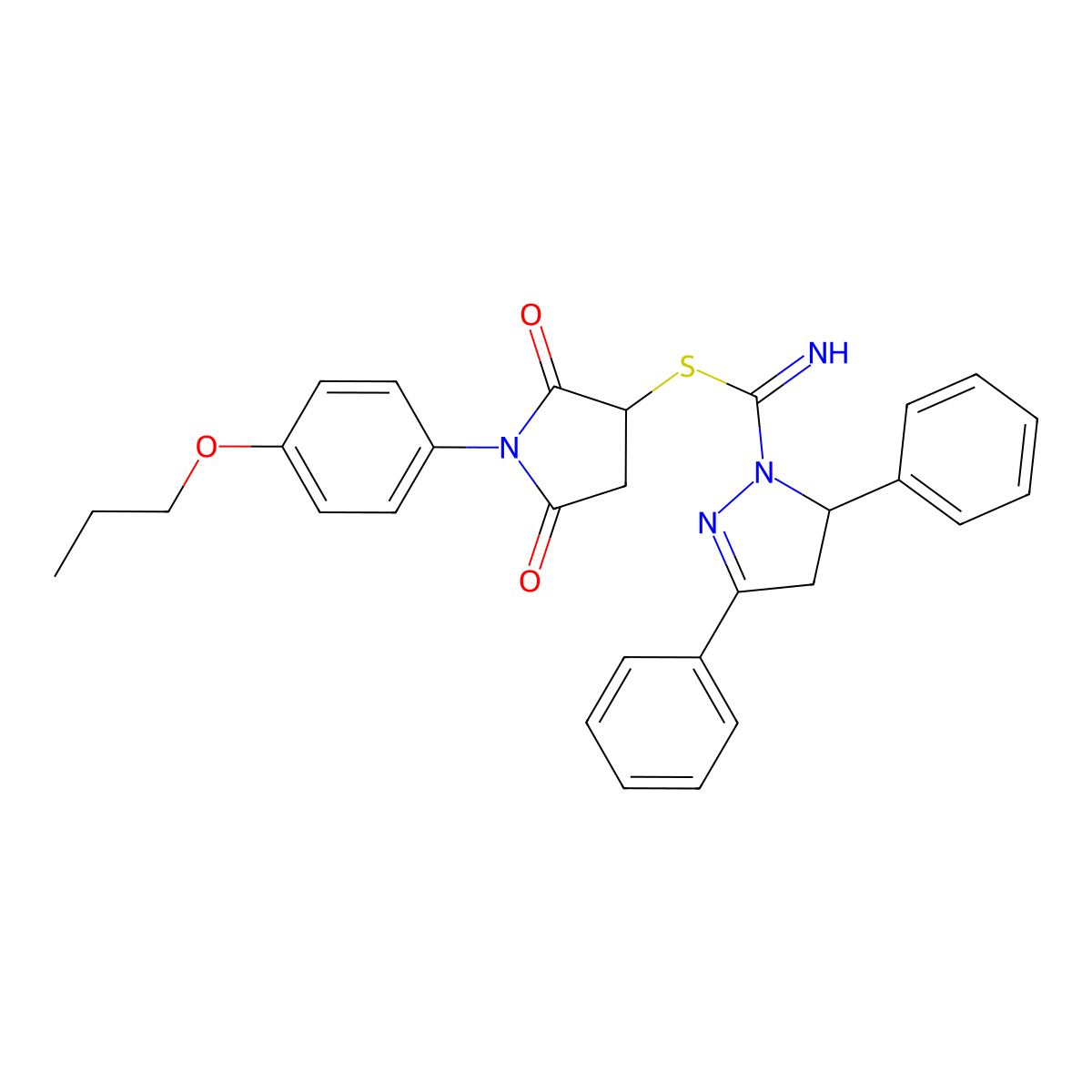 2,5-dioxo-1-(4-propoxyphenyl)pyrrolidin-3-yl 3,5-diphenyl-4,5-dihydro-1H-pyrazole-1-carbimidothioate molecular structure, CAS 331760-21-5