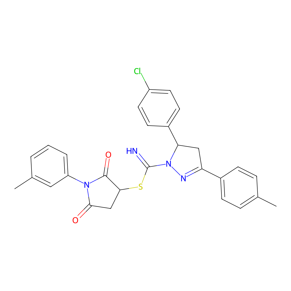 1-(3-methylphenyl)-2,5-dioxopyrrolidin-3-yl 5-(4-chlorophenyl)-3-(4-methylphenyl)-4,5-dihydro-1H-pyrazole-1-carbimidothioate molecular structure, CAS 331760-22-6