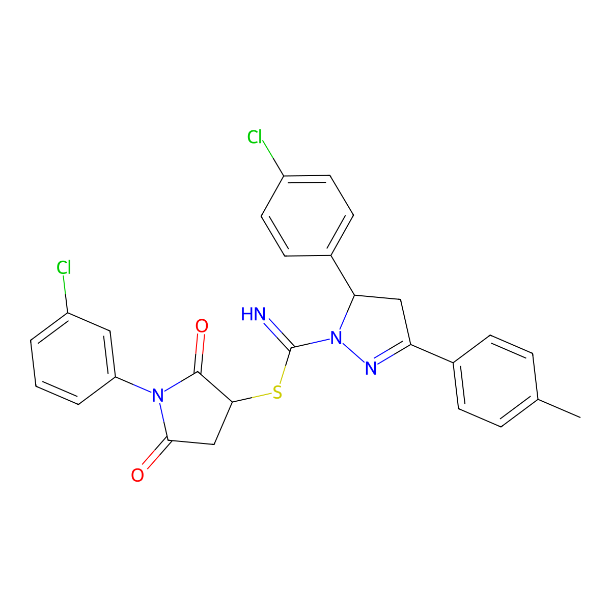 1-(3-chlorophenyl)-2,5-dioxopyrrolidin-3-yl 5-(4-chlorophenyl)-3-(4-methylphenyl)-4,5-dihydro-1H-pyrazole-1-carbimidothioate molecular structure, CAS 331760-23-7