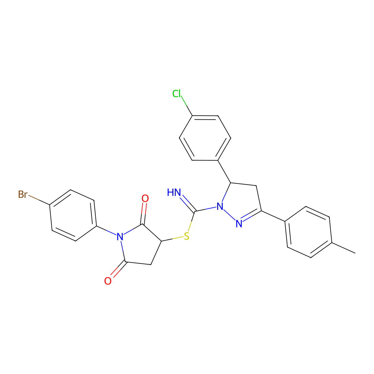 1-(4-bromophenyl)-2,5-dioxopyrrolidin-3-yl 5-(4-chlorophenyl)-3-(4-methylphenyl)-4,5-dihydro-1H-pyrazole-1-carbimidothioate molecular structure, CAS 331760-25-9