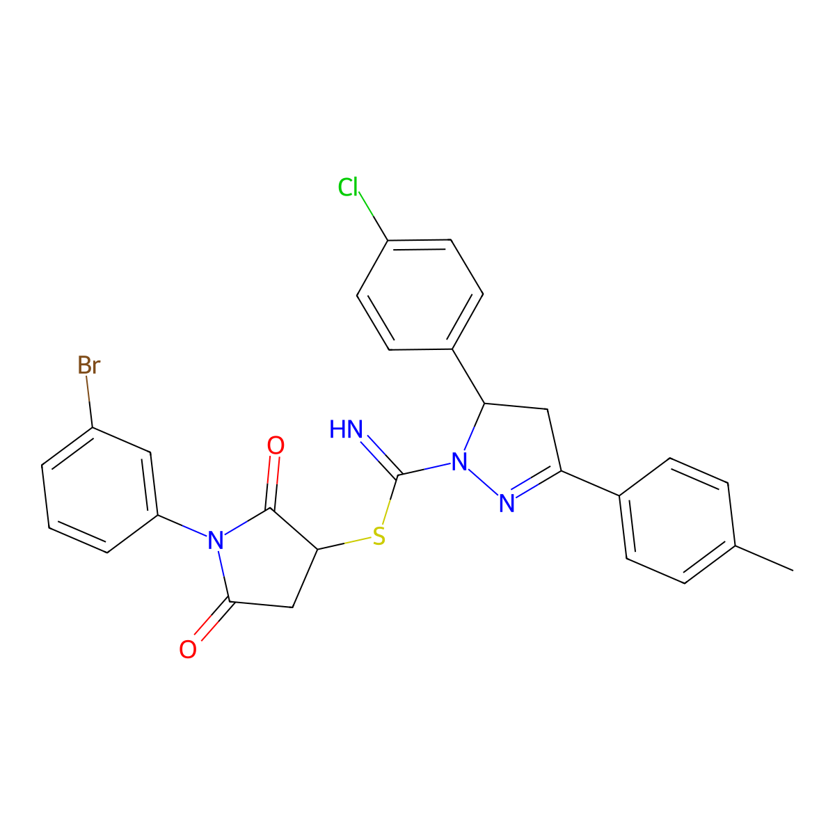 [1-(3-Bromophenyl)-2,5-dioxopyrrolidin-3-yl] 3-(4-chlorophenyl)-5-(4-methylphenyl)-3,4-dihydropyrazole-2-carboximidothioate molecular structure, CAS 331760-27-1