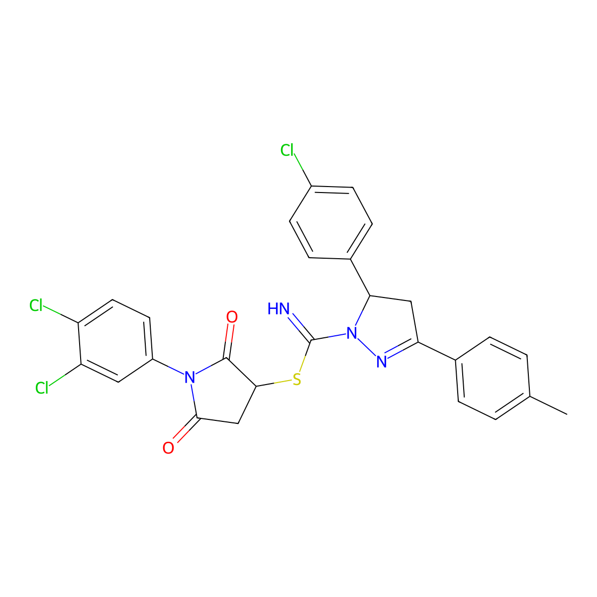 [1-(3,4-Dichlorophenyl)-2,5-dioxopyrrolidin-3-yl] 3-(4-chlorophenyl)-5-(4-methylphenyl)-3,4-dihydropyrazole-2-carboximidothioate molecular structure, CAS 331760-28-2