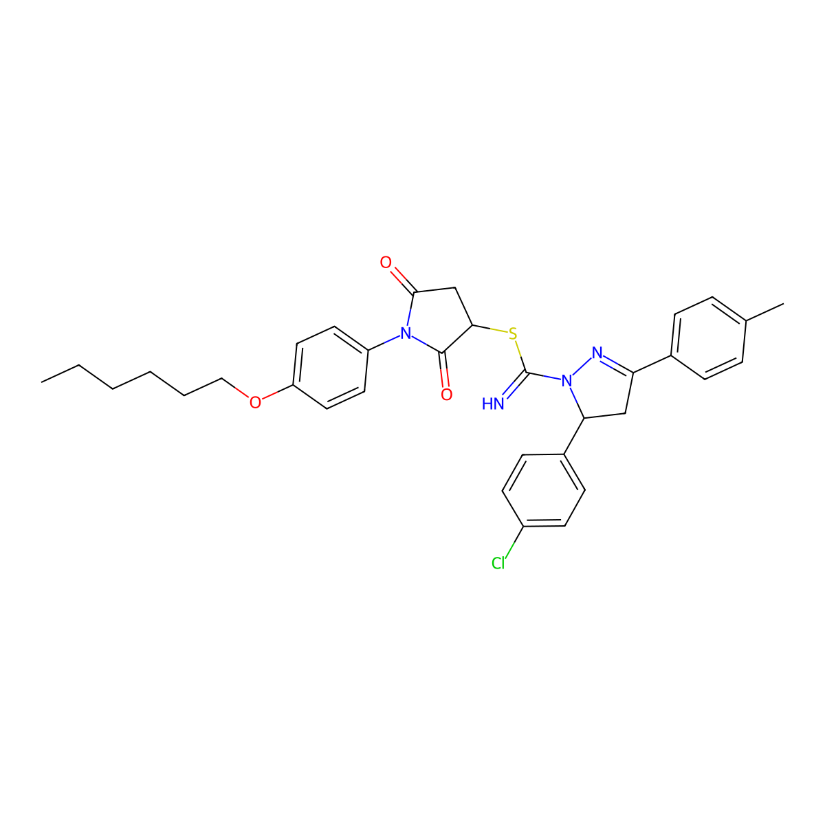 1-[4-(hexyloxy)phenyl]-2,5-dioxopyrrolidin-3-yl 5-(4-chlorophenyl)-3-(4-methylphenyl)-4,5-dihydro-1H-pyrazole-1-carbimidothioate molecular structure, CAS 331760-29-3