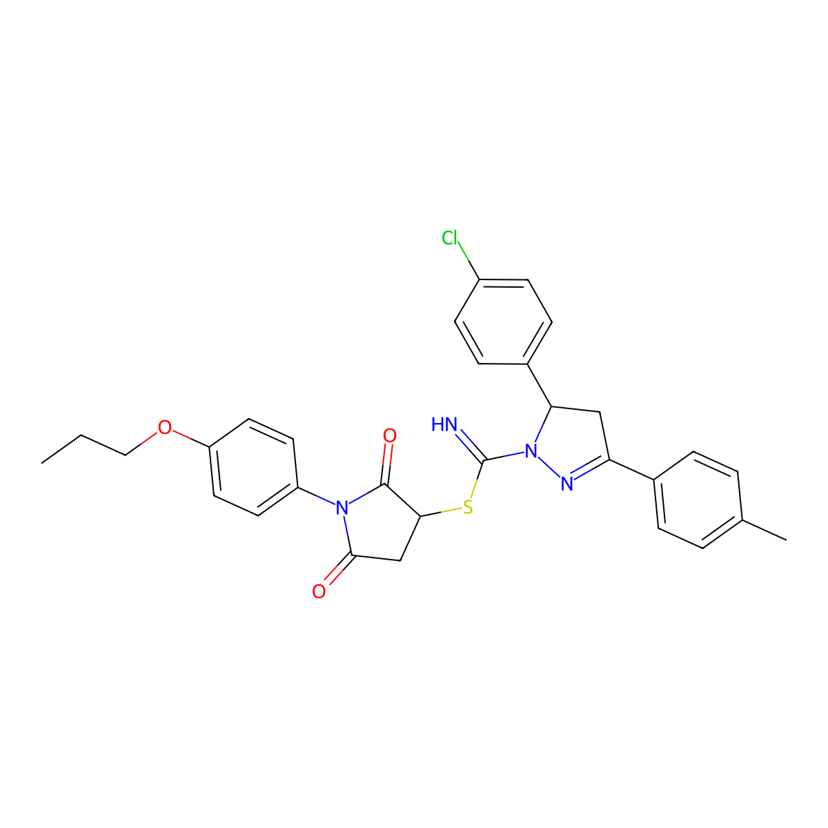 2,5-dioxo-1-(4-propoxyphenyl)pyrrolidin-3-yl 5-(4-chlorophenyl)-3-(4-methylphenyl)-4,5-dihydro-1H-pyrazole-1-carbimidothioate molecular structure, CAS 331760-30-6