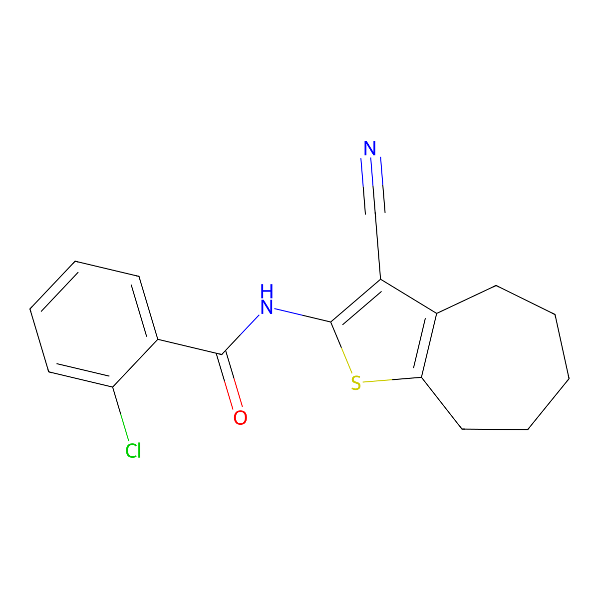 2-chloro-N-(3-cyano-5,6,7,8-tetrahydro-4H-cyclohepta[b]thiophen-2-yl)benzamide molecular structure, CAS 331760-57-7