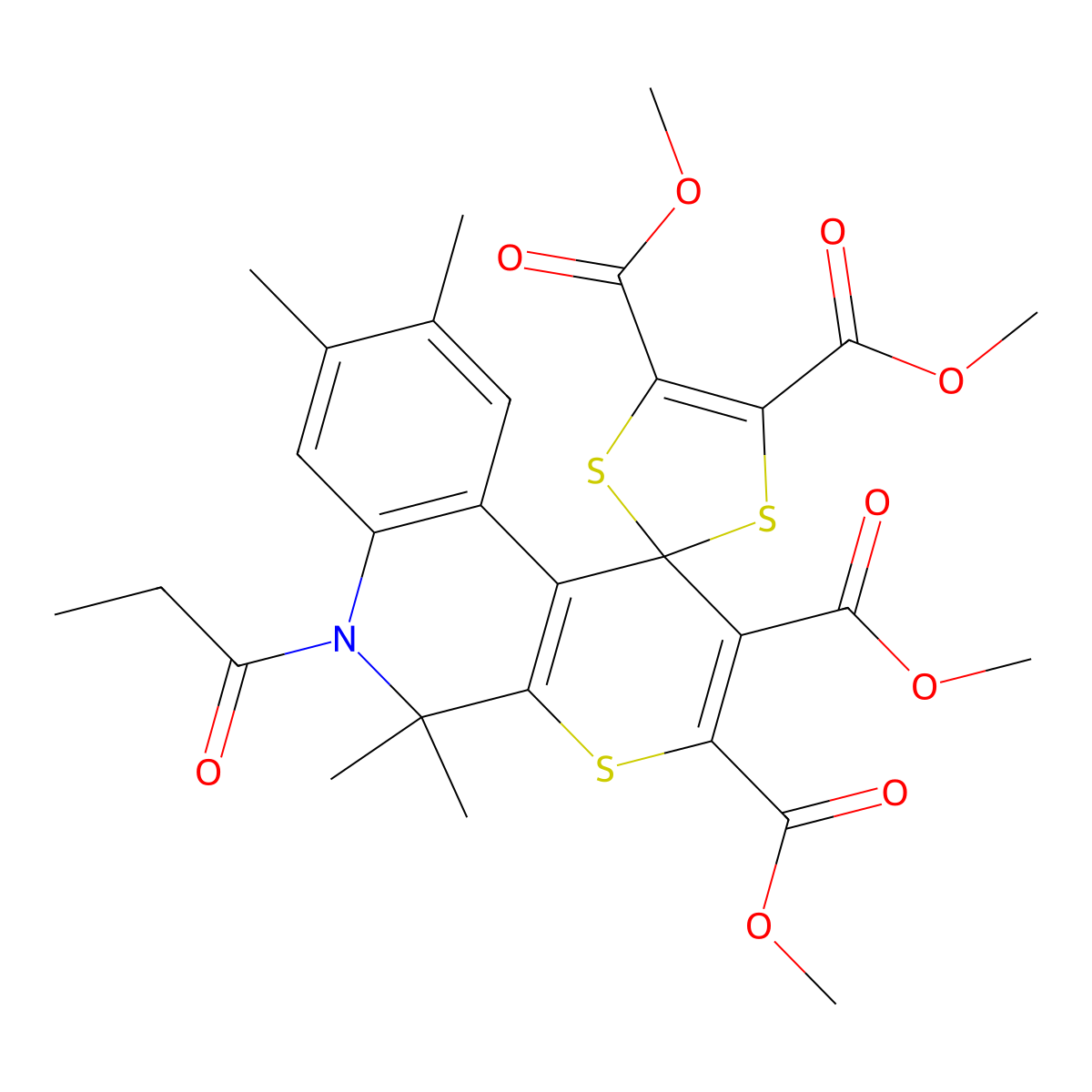 Tetramethyl 5',5',8',9'-tetramethyl-6'-propanoylspiro[1,3-dithiole-2,1'-thiopyrano[2,3-c]quinoline]-2',3',4,5-tetracarboxylate molecular structure, CAS 331761-21-8