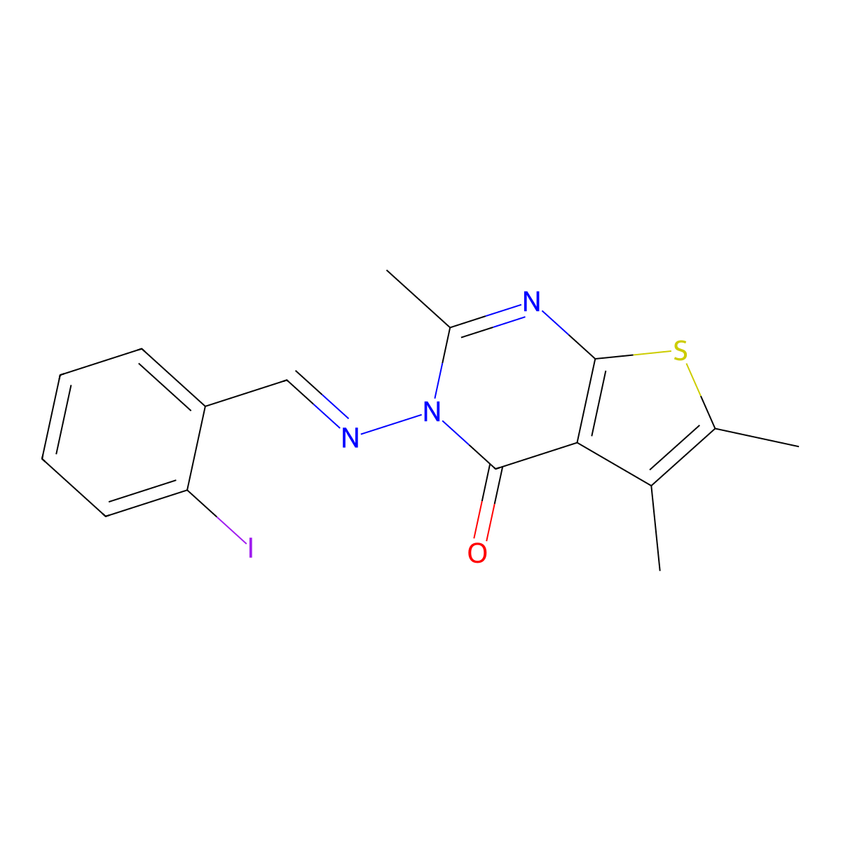 3-[(2-Iodo-benzylidene)-amino]-2,5,6-trimethyl-3H-thieno[2,3-d]pyrimidin-4-one molecular structure, CAS 331762-11-9