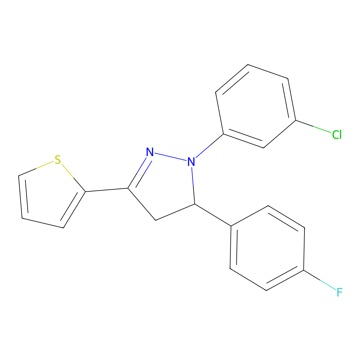 1-(3-chlorophenyl)-5-(4-fluorophenyl)-3-(2-thienyl)-4,5-dihydro-1H-pyrazole molecular structure, CAS 331819-78-4