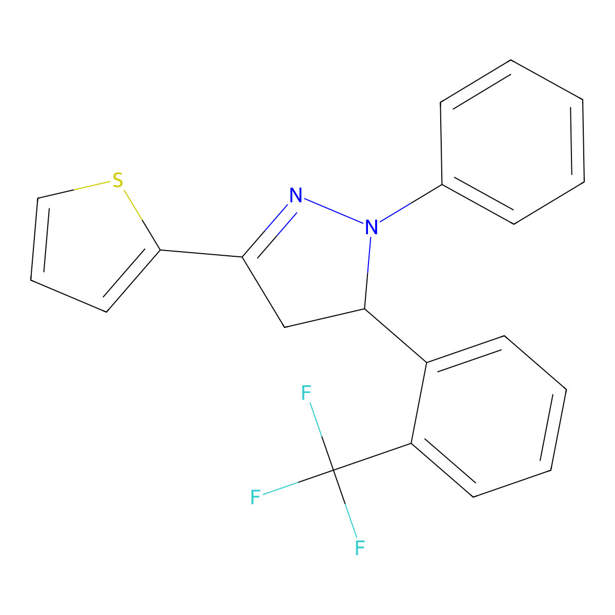 2-Phenyl-5-thiophen-2-yl-3-[2-(trifluoromethyl)phenyl]-3,4-dihydropyrazole molecular structure, CAS 331819-85-3