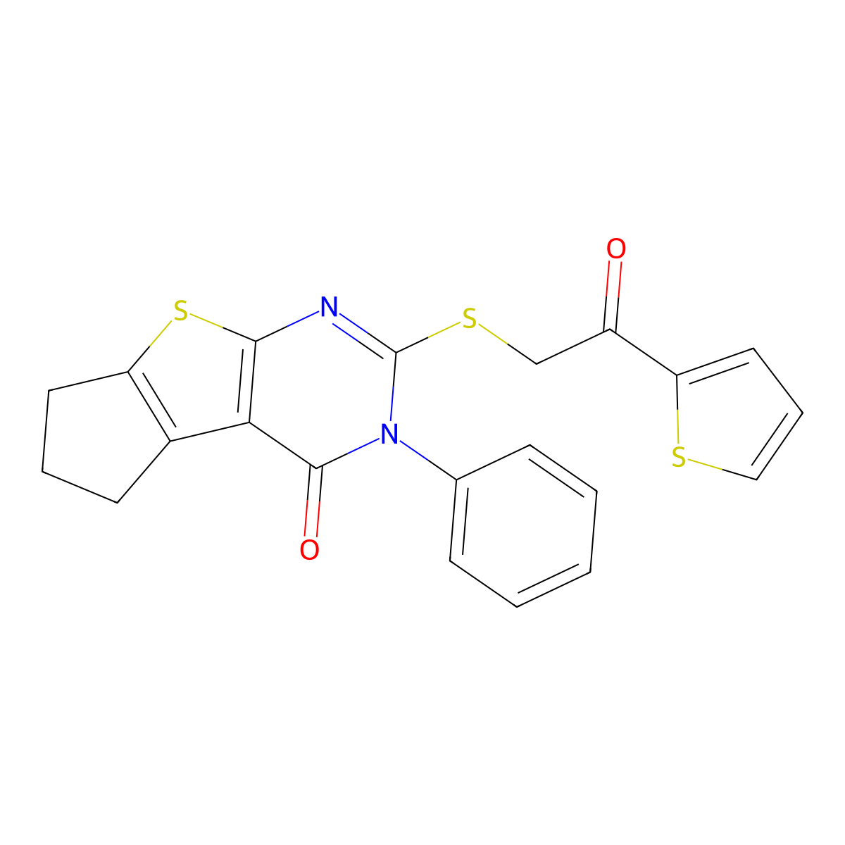 2-{[2-oxo-2-(2-thienyl)ethyl]sulfanyl}-3-phenyl-3,5,6,7-tetrahydro-4H-cyclopenta[4,5]thieno[2,3-d]pyrimidin-4-one molecular structure, CAS 331819-99-9