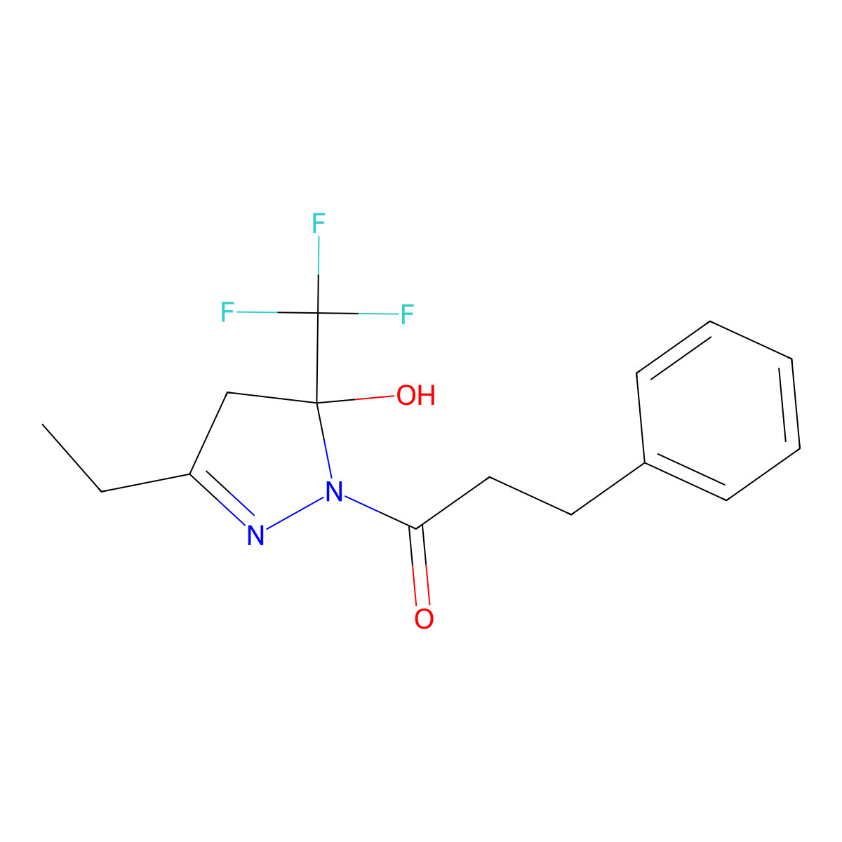 1-[3-ethyl-5-hydroxy-5-(trifluoromethyl)-4,5-dihydro-1H-pyrazol-1-yl]-3-phenylpropan-1-one molecular structure, CAS 331834-97-0