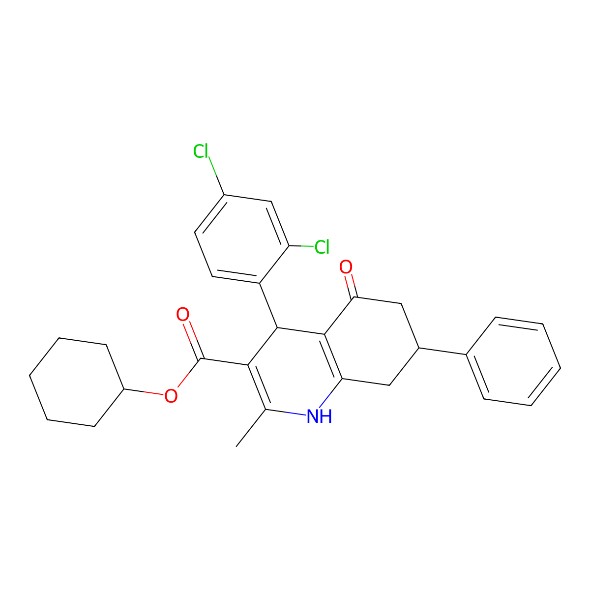 Cyclohexyl 4-(2,4-dichlorophenyl)-2-methyl-5-oxo-7-phenyl-1,4,5,6,7,8-hexahydroquinoline-3-carboxylate molecular structure, CAS 331837-14-0