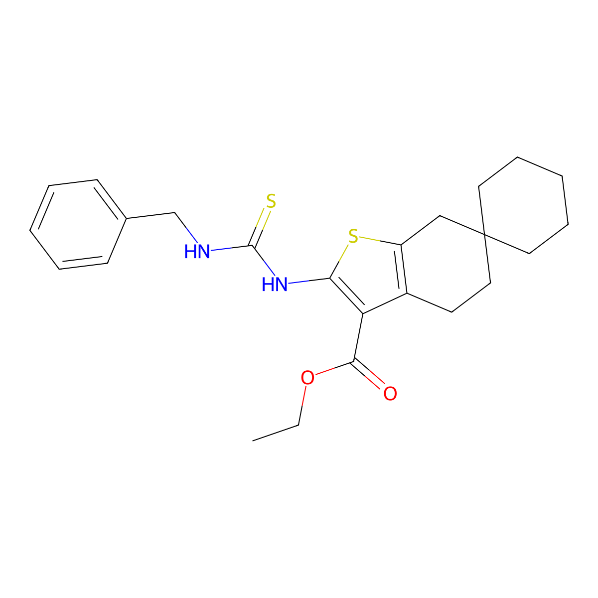 ethyl 2-(3-benzylthioureido)-5,7-dihydro-4H-spiro[benzo[b]thiophene-6,1'-cyclohexane]-3-carboxylate molecular structure, CAS 331837-32-2
