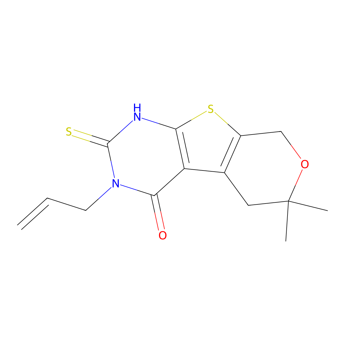 3-allyl-6,6-dimethyl-2-sulfanyl-3,5,6,8-tetrahydro-4H-pyrano[4',3':4,5]thieno[2,3-d]pyrimidin-4-one molecular structure, CAS 331837-85-5