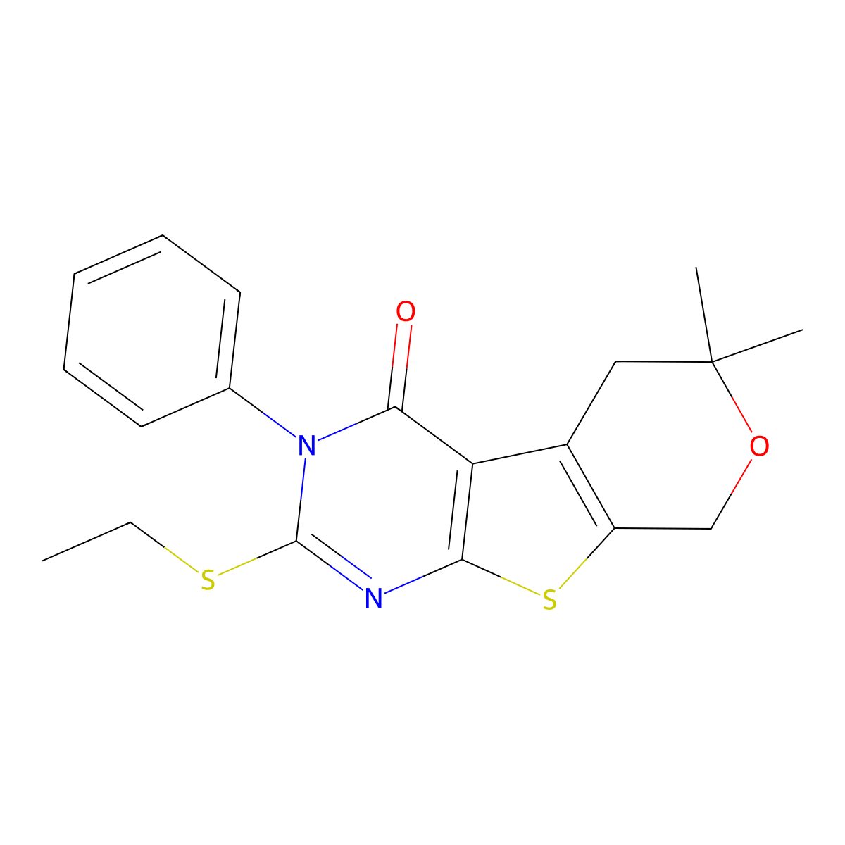 2-(ethylsulfanyl)-6,6-dimethyl-3-phenyl-3,5,6,8-tetrahydro-4H-pyrano[4',3':4,5]thieno[2,3-d]pyrimidin-4-one molecular structure, CAS 331837-86-6