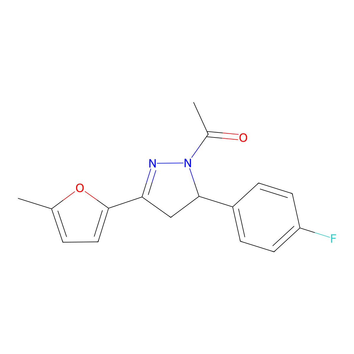 1-[3-(4-Fluorophenyl)-5-(5-methylfuran-2-yl)-3,4-dihydropyrazol-2-yl]ethanone molecular structure, CAS 331839-34-0