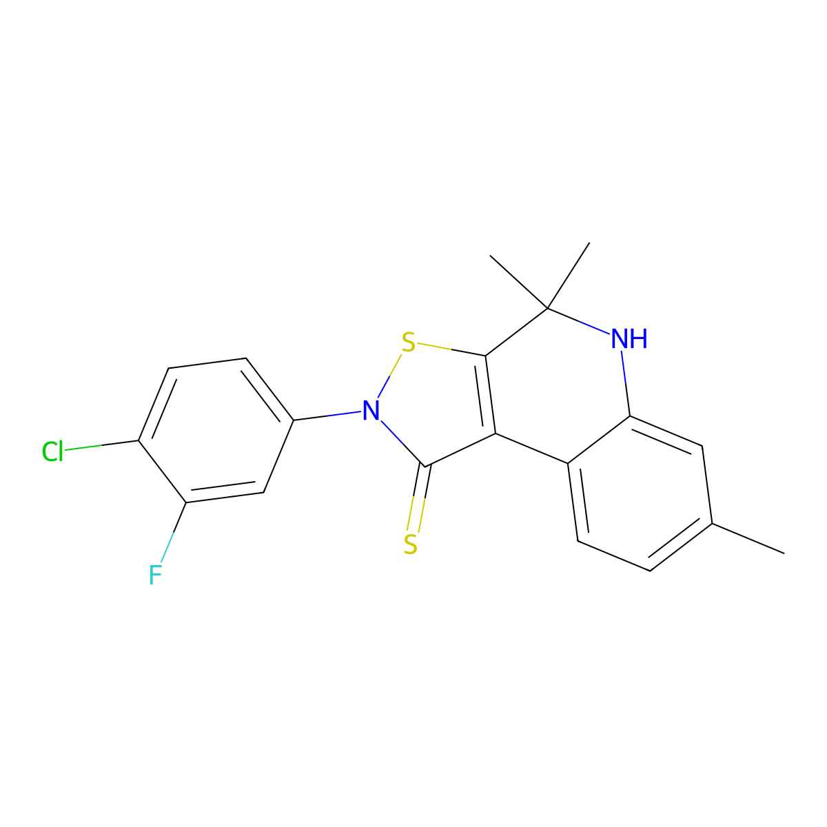 2-(4-chloro-3-fluorophenyl)-4,4,7-trimethyl-5H-[1,2]thiazolo[5,4-c]quinoline-1-thione molecular structure, CAS 331841-09-9