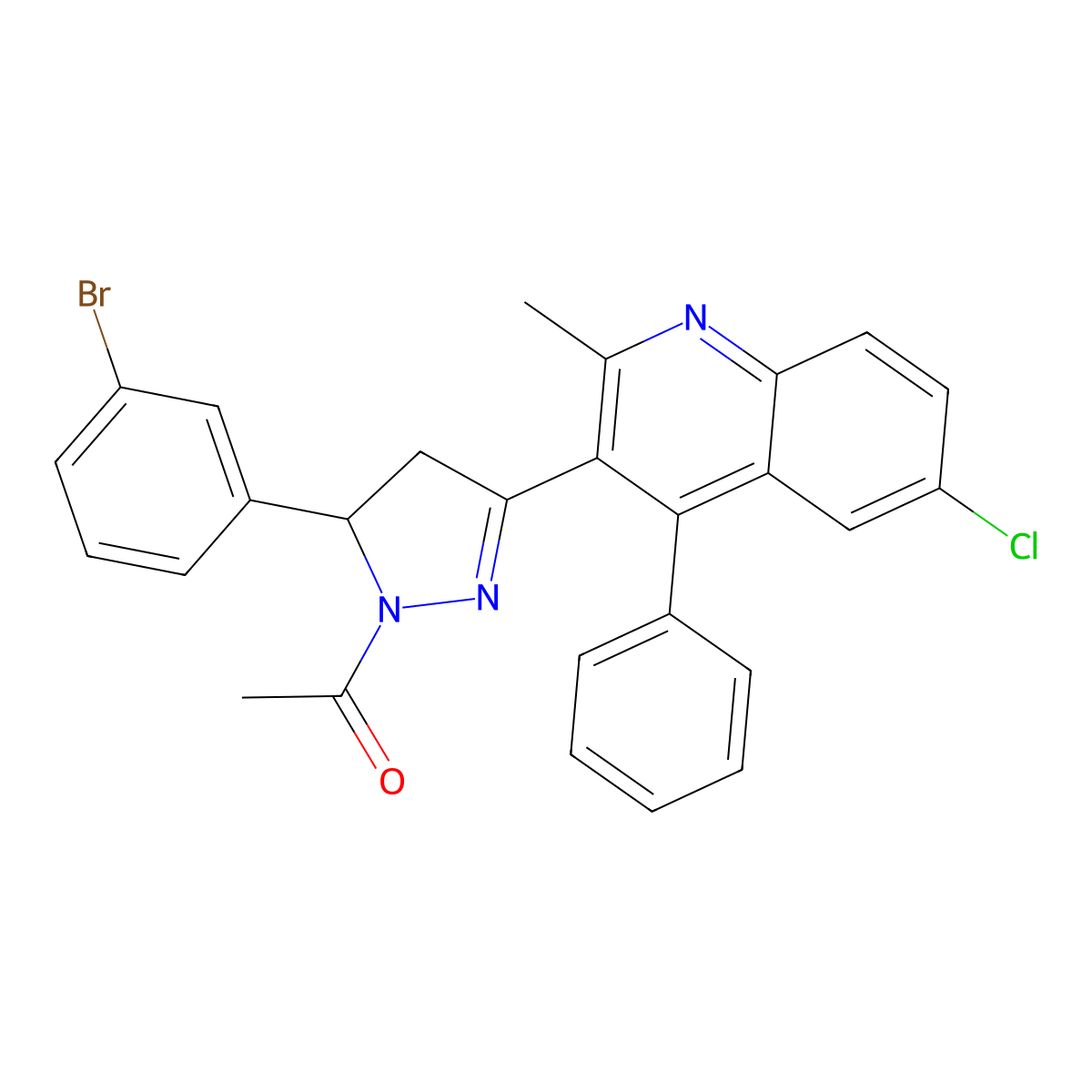 1-[3-(3-Bromophenyl)-5-(6-chloro-2-methyl-4-phenylquinolin-3-yl)-3,4-dihydropyrazol-2-yl]ethanone molecular structure, CAS 331841-28-2