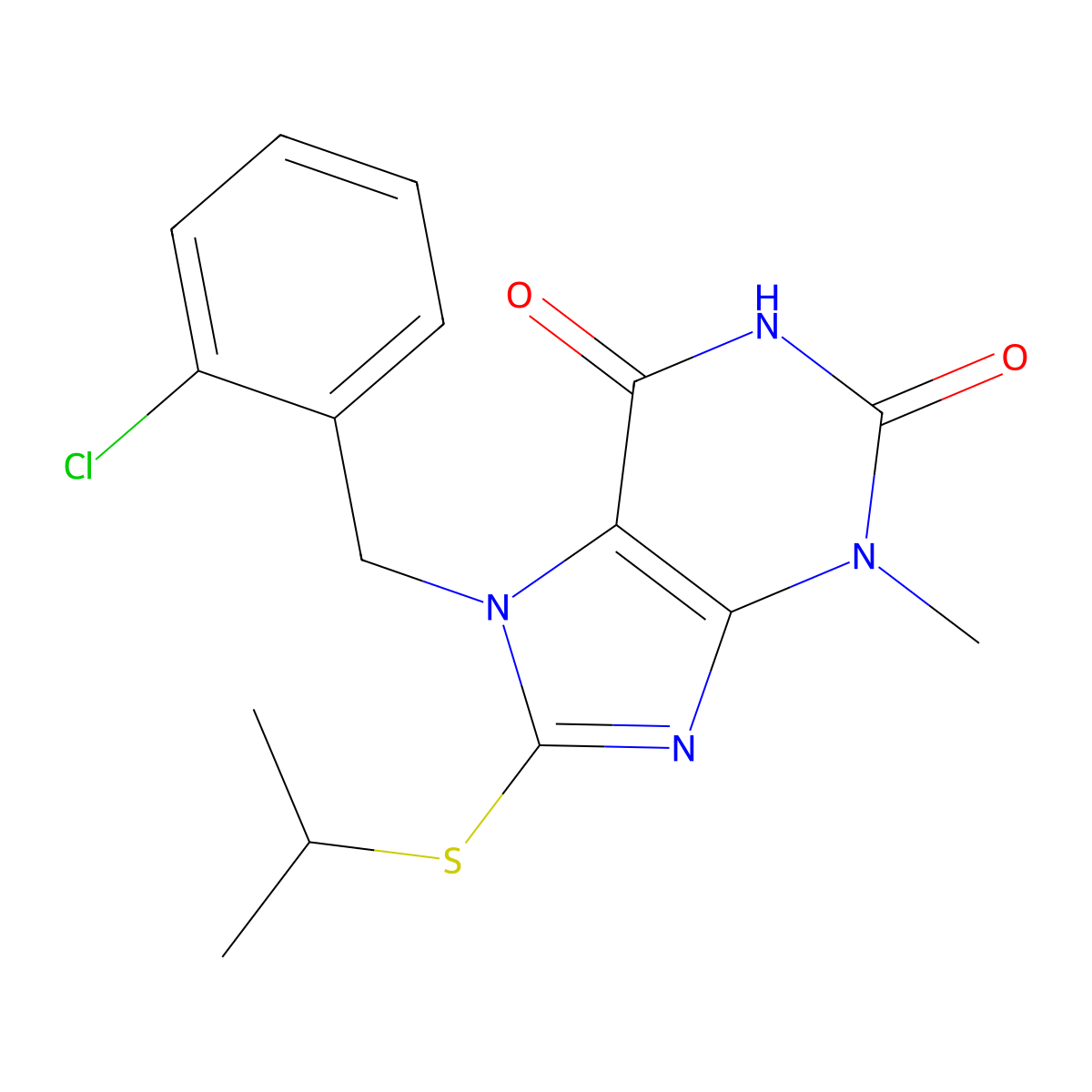 7-[(2-Chlorophenyl)methyl]-3-methyl-8-propan-2-ylsulfanylpurine-2,6-dione molecular structure, CAS 331841-36-2