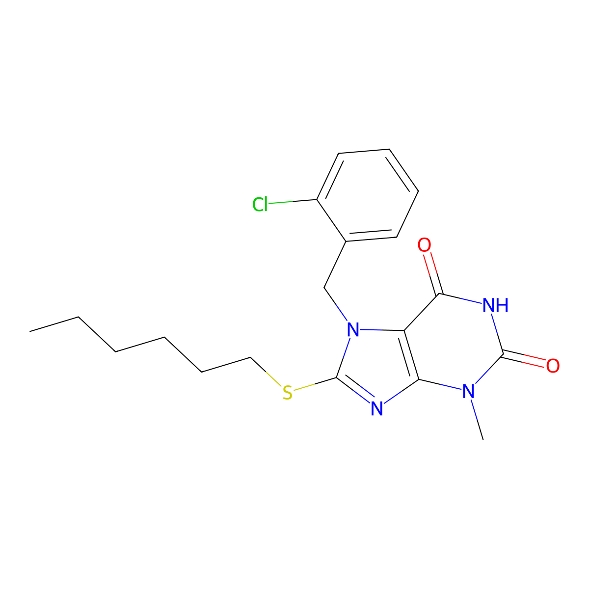 7-[(2-chlorophenyl)methyl]-8-(hexylsulfanyl)-3-methyl-2,3,6,7-tetrahydro-1H-purine-2,6-dione molecular structure, CAS 331841-39-5
