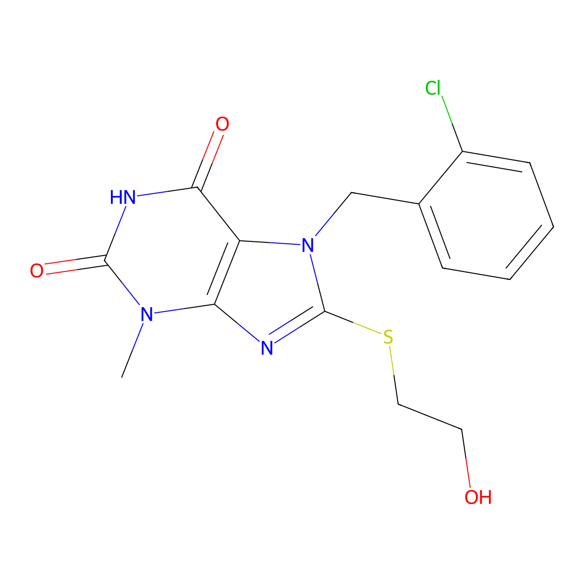 7-[(2-Chlorophenyl)methyl]-8-(2-hydroxyethylsulfanyl)-3-methylpurine-2,6-dione molecular structure, CAS 331841-44-2