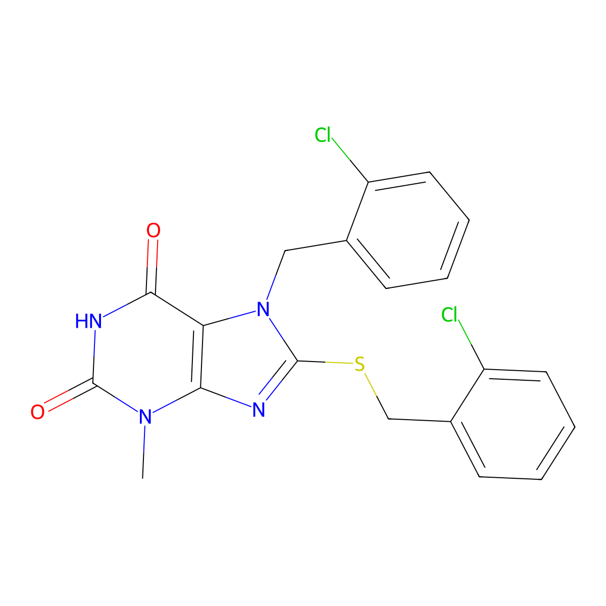 7-(2-chlorobenzyl)-8-[(2-chlorobenzyl)sulfanyl]-3-methyl-3,7-dihydro-1H-purine-2,6-dione molecular structure, CAS 331841-48-6