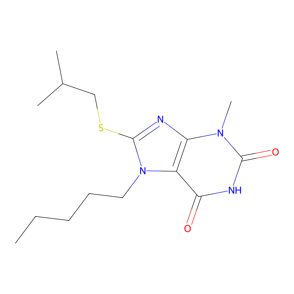 3-Methyl-8-(2-methylpropylsulfanyl)-7-pentylpurine-2,6-dione molecular structure, CAS 331841-54-4