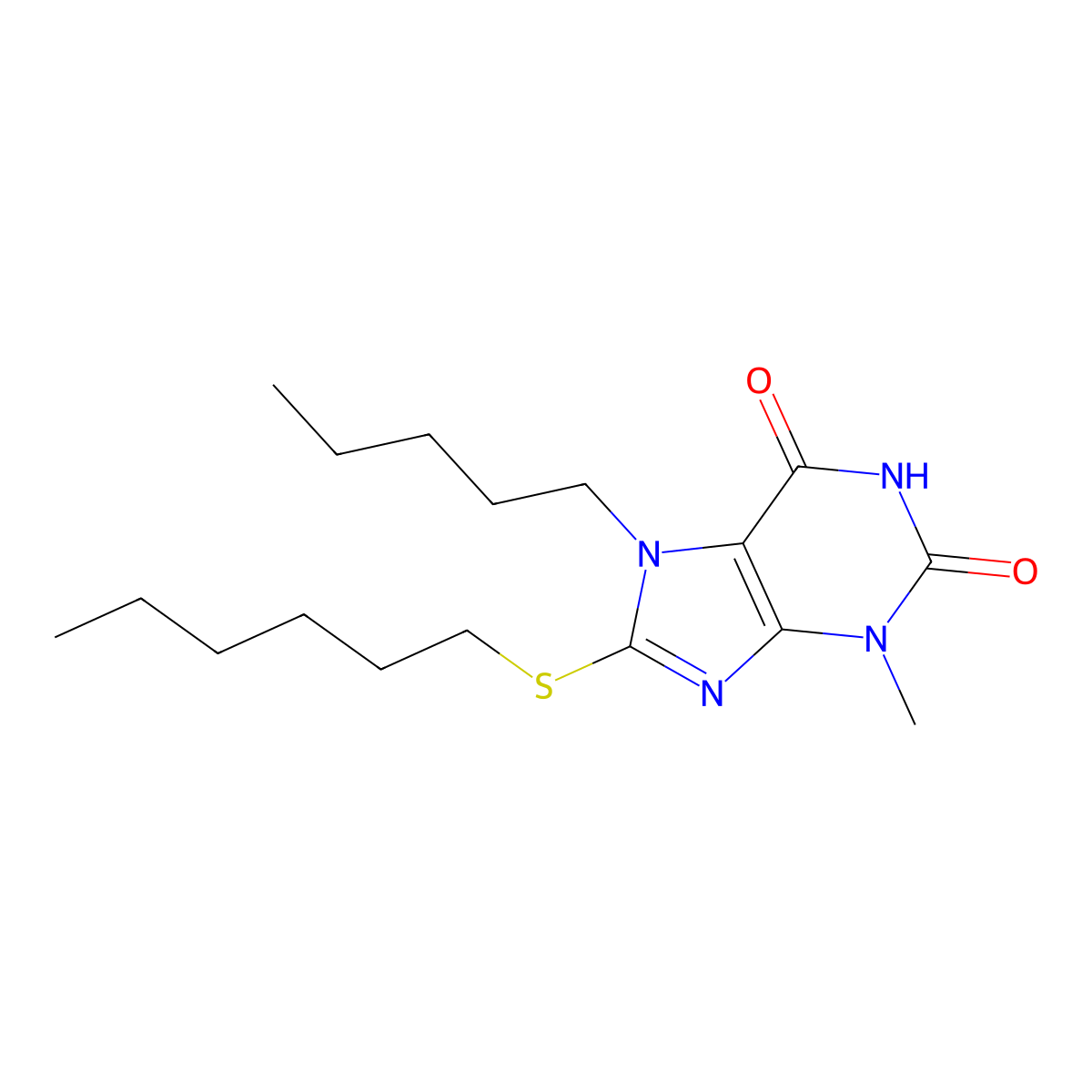 8-Hexylsulfanyl-3-methyl-7-pentylpurine-2,6-dione molecular structure, CAS 331841-55-5